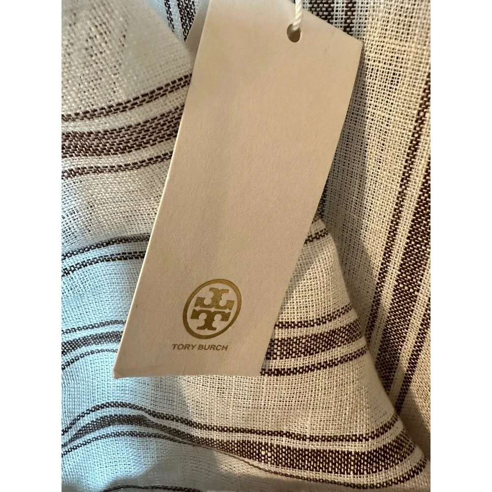 Tory Burch Striped Linen Maxi Dress Brown Cream Tassel Tie Straps 87512 Small